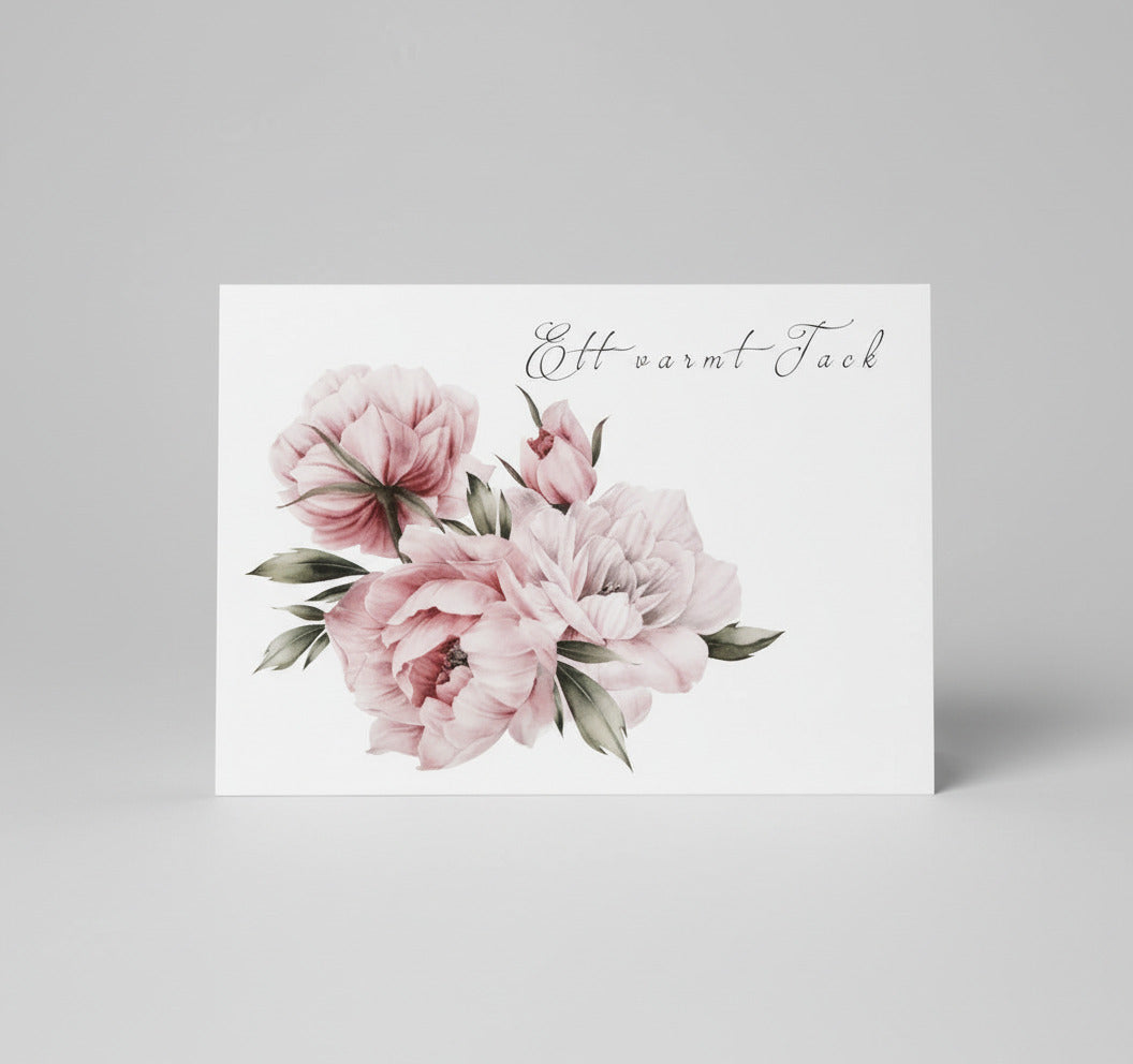 Färdiga tackkort till efter begravningen med vackra pioner i akvarell. 10 kort inklusive kuvert.