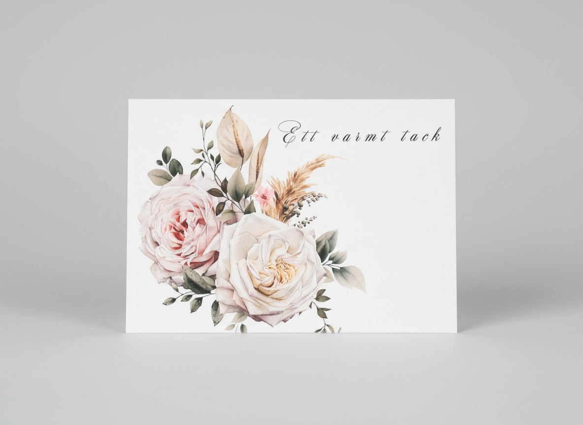 Färdiga tackkort till efter begravningen med vacker rosbukett i akvarell. 10 kort inklusive kuvert.