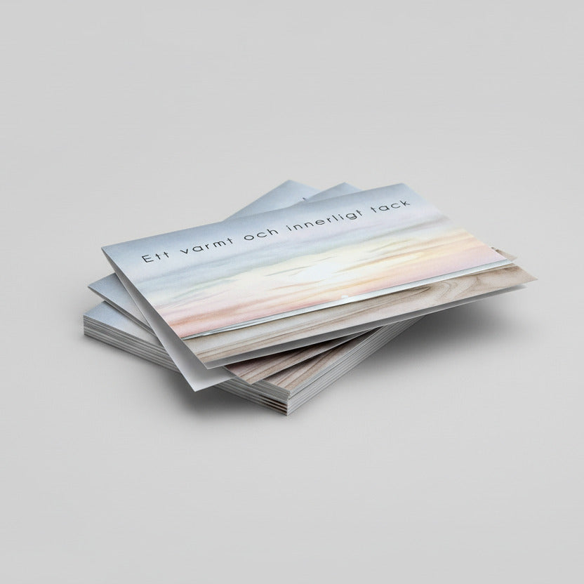 Färdiga tackkort till efter begravningen med motiv av solnedgång. 10st inklusive kuvert.