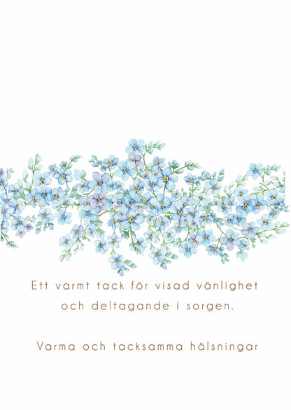 Tackkort efter Begravning > Färdiga begravnings tackkort med motiv av förgätmigej i akvarell. 10st inklusive ofrankerade kuvert