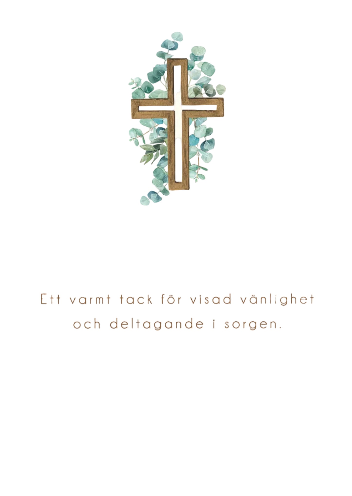 Färdiga tackkort till efter begravningen med motiv av eucalyptus på kors i akvarell inkl. ofrankerade kuvert.