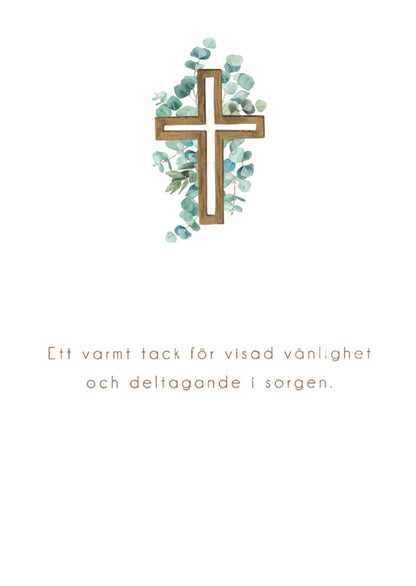 Färdiga tackkort till efter begravningen med motiv av eucalyptus på kors i akvarell inkl. ofrankerade kuvert.