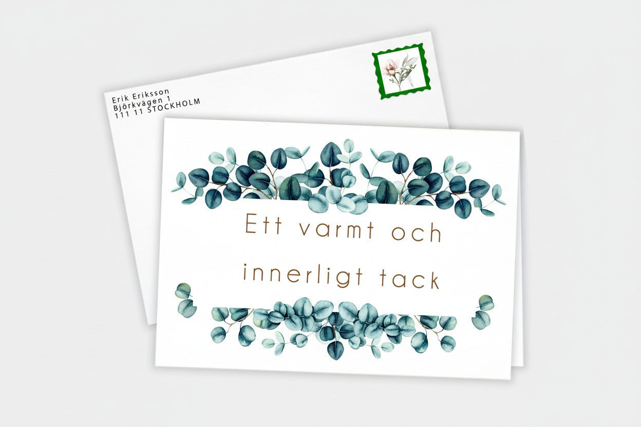 10st Färdiga begravnings tackkort med motiv av eucalyptus i akvarell inkl. FRANKERADE KUVERT. PORTO BETALT 10 x 22kr.