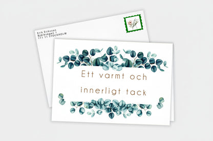 10st Färdiga begravnings tackkort med motiv av eucalyptus i akvarell inkl. FRANKERADE KUVERT. PORTO BETALT 10 x 22kr.
