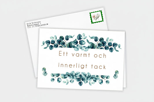 10st Färdiga begravnings tackkort med motiv av eucalyptus i akvarell inkl. FRANKERADE KUVERT. PORTO BETALT 10 x 22kr.