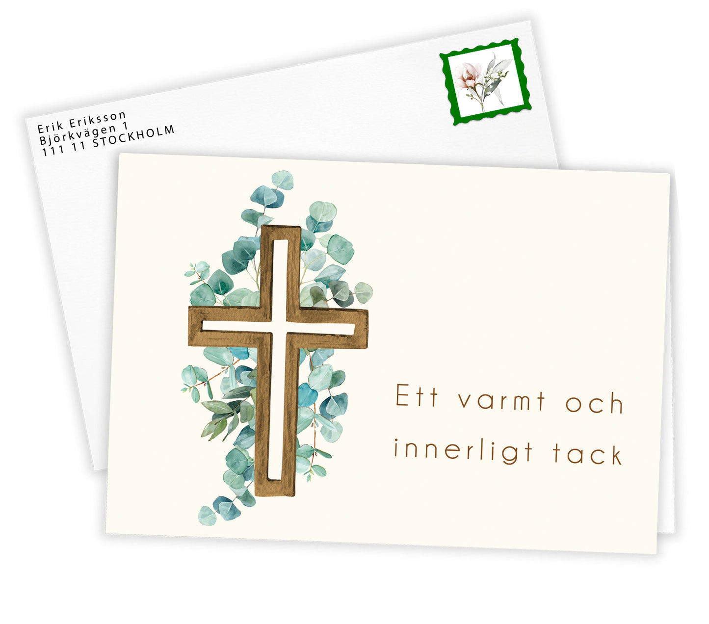 Färdiga tackkort till efter begravningen eucalyptus kors i akvarell- 15st inkl. kuvert