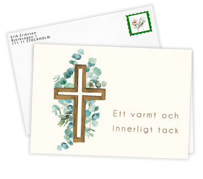Färdiga tackkort till efter begravningen eucalyptus kors i akvarell- 15st inkl. kuvert