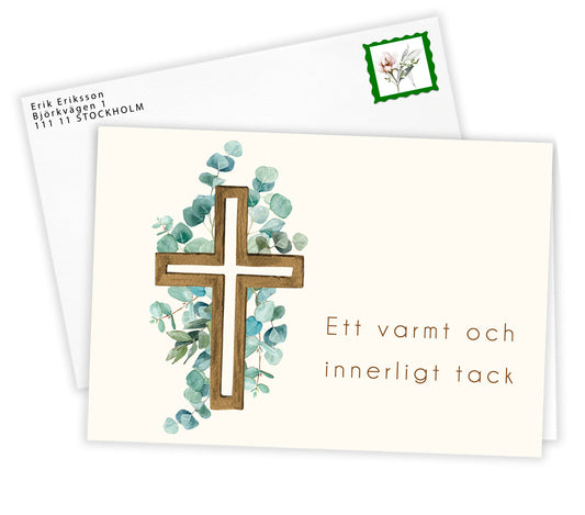 Färdiga tackkort till efter begravningen eucalyptus kors i akvarell- 15st inkl. kuvert