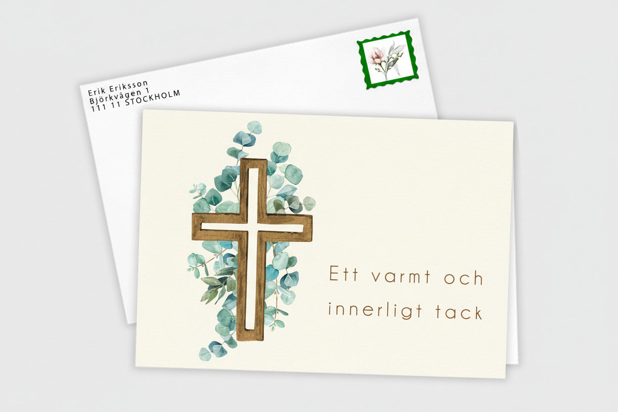 10st Färdiga tackkort till efter begravningen med motiv av eucalyptus i akvarell. Inkl FRANKERADE KUVERT. PORTO BETALT 10 x 22kr