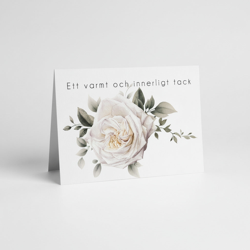 Färdiga tackkort till efter begravningen med motiv av vit ros i akvarell. 10 kort inklusive kuvert.