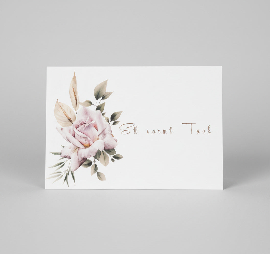 Färdiga tackkort till efter begravningen med en vacker rosa ros i akvarell. 10 kort inklusive kuvert.