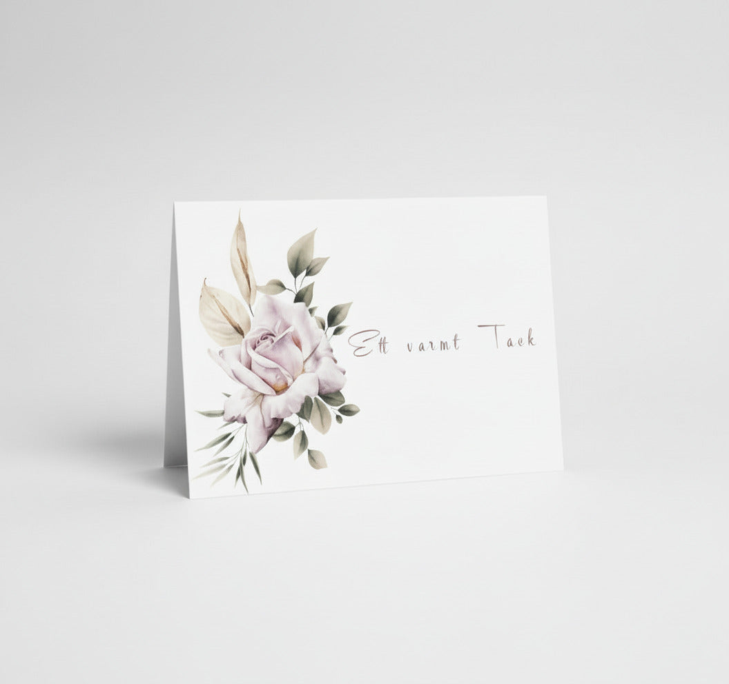 Färdiga tackkort till efter begravningen med en vacker rosa ros i akvarell. 10 kort inklusive kuvert.