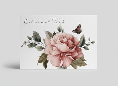 Färdiga tackkort till efter begravningen med motiv av röd pion i akvarell. 10 kort inklusive kuvert.