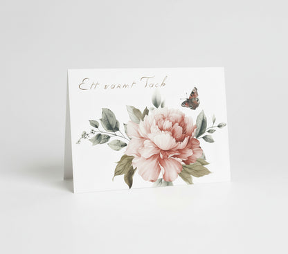 Färdiga tackkort till efter begravningen med motiv av röd pion i akvarell. 10 kort inklusive kuvert.