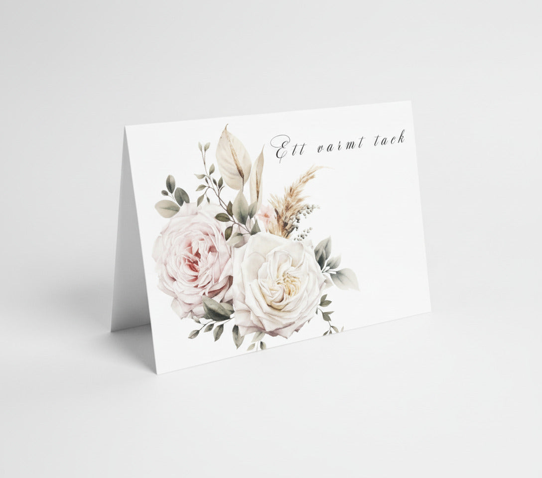 Färdiga tackkort till efter begravningen med vacker rosbukett i akvarell. 10 kort inklusive kuvert.