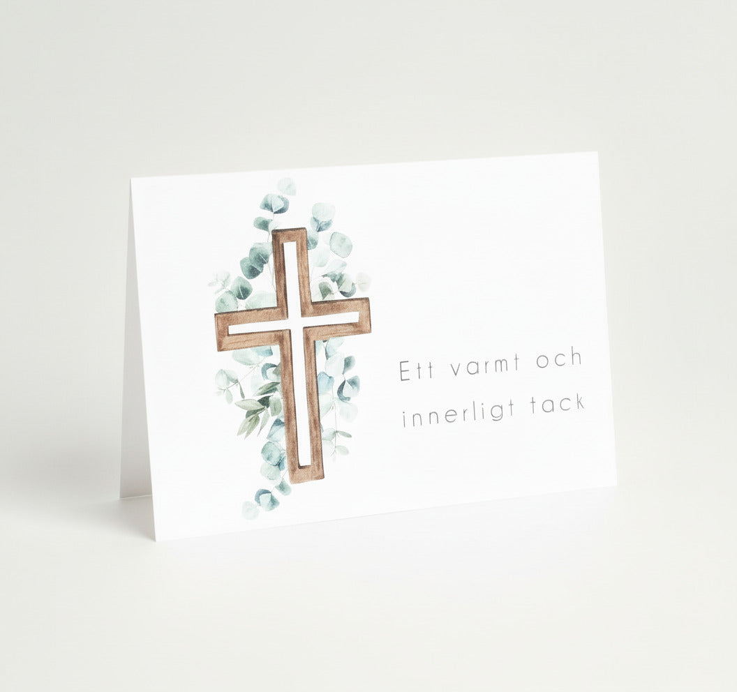 Färdiga tackkort till efter begravningen med motiv av eucalyptus på kors i akvarell. 10 kort inklusive kuvert.