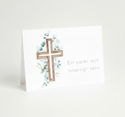 Färdiga tackkort till efter begravningen med motiv av eucalyptus på kors i akvarell. 10 kort inklusive kuvert.