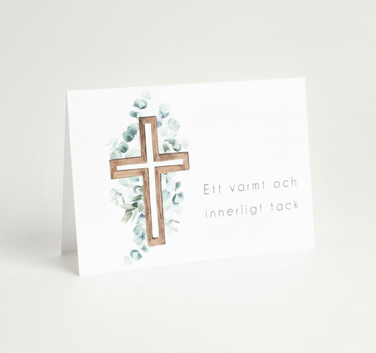 Färdiga tackkort till efter begravningen med motiv av eucalyptus på kors i akvarell. 15 kort inklusive kuvert.