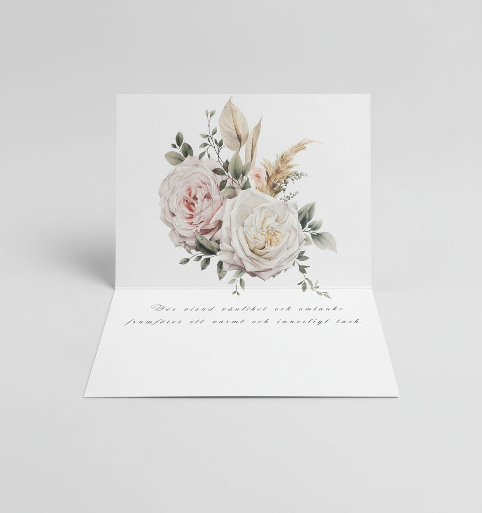 Färdiga tackkort till efter begravningen med vacker rosbukett i akvarell. 10 kort inklusive kuvert.