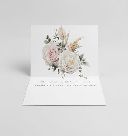 Färdiga tackkort till efter begravningen med vacker rosbukett i akvarell. 10 kort inklusive kuvert.