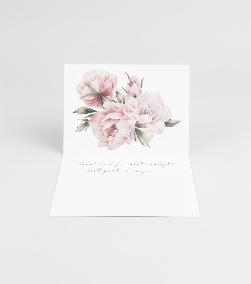 Färdiga tackkort till efter begravningen med vackra pioner i akvarell. 10 kort inklusive kuvert.