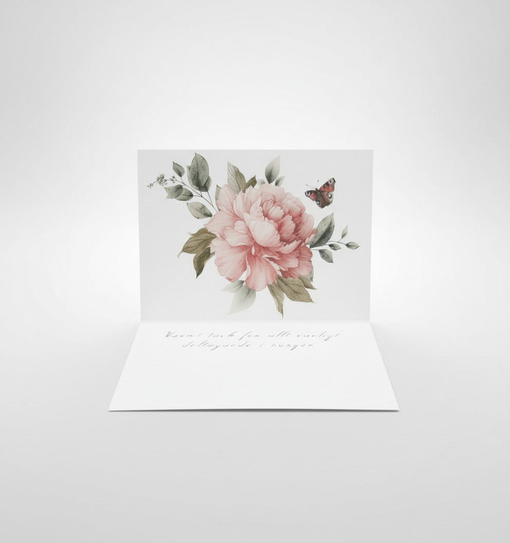 Färdiga tackkort till efter begravningen med motiv av röd pion i akvarell. 10 kort inklusive kuvert.