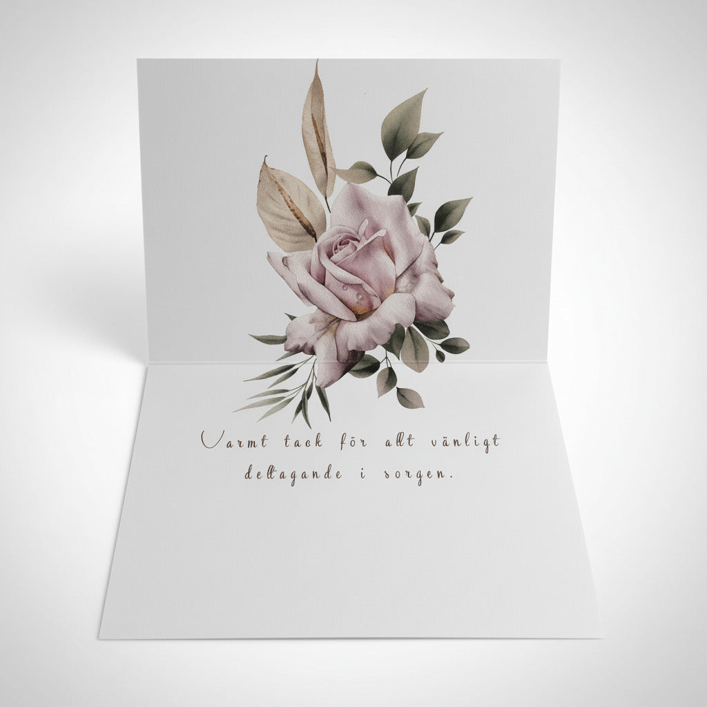 Färdiga tackkort till efter begravningen med en vacker rosa ros i akvarell. 10 kort inklusive kuvert.