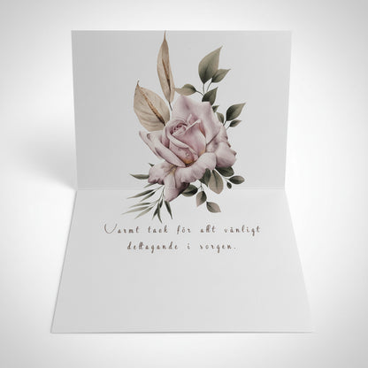 Färdiga tackkort till efter begravningen med en vacker rosa ros i akvarell. 10 kort inklusive kuvert.