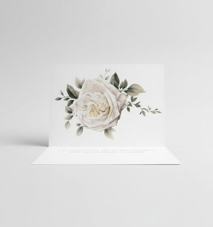 Färdiga tackkort till efter begravningen med motiv av vit ros i akvarell. 10 kort inklusive kuvert.