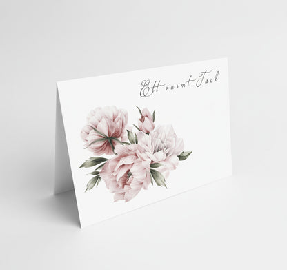 Färdiga tackkort till efter begravningen med vackra pioner i akvarell. 10 kort inklusive kuvert.