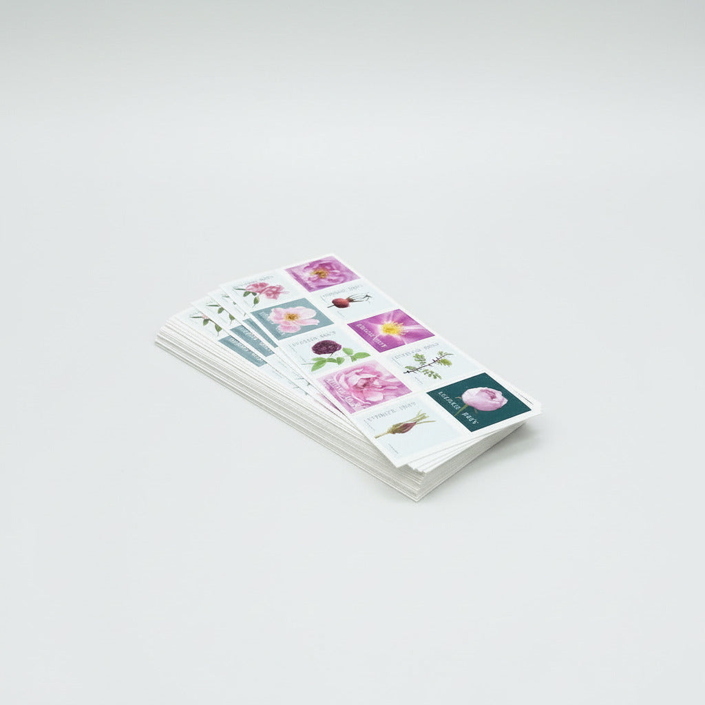 Häfte med 10st självhäftande frimärken med motivet rosor –  Enligt PostNords aktuella portotabell