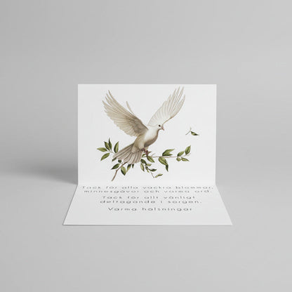 Färdiga tackkort till efter begravningen med motiv av vit duva. 10st inklusive kuvert.
