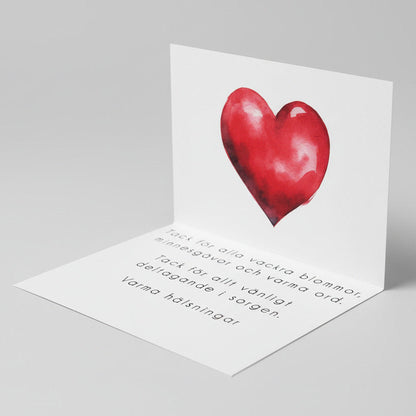 Färdiga tackkort till efter begravningen med motiv av rött hjärta. 10st inklusive kuvert.