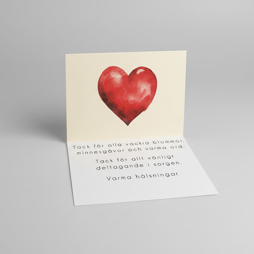 Färdiga tackkort till efter begravningen med motiv av rött hjärta. 10st inklusive kuvert.