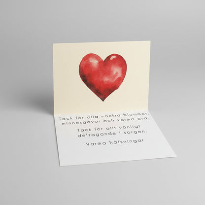 Färdiga tackkort till efter begravningen med motiv av rött hjärta. 10st inklusive kuvert.