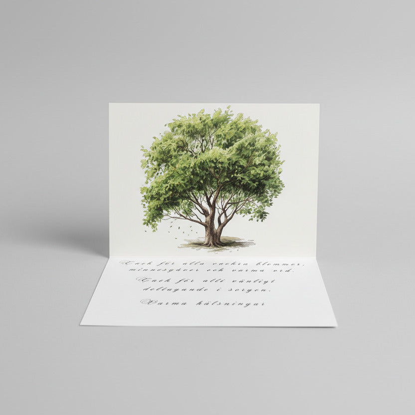 Färdiga tackkort till efter begravningen med motiv av ett träd. 10st inklusive kuvert.