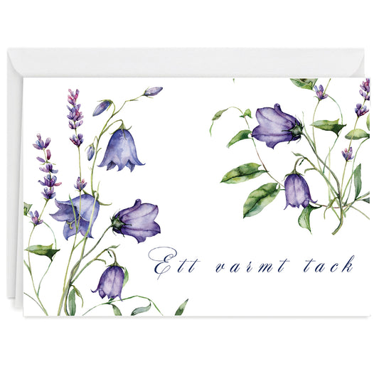 Tackkort efter Begravning > Färdiga begravnings tackkort med motiv av blåklocka i akvarell. 10st inklusive ofrankerade kuvert