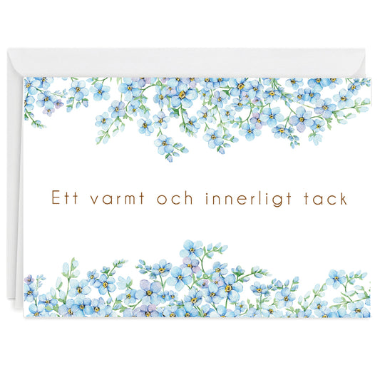 Tackkort efter Begravning > Färdiga begravnings tackkort med motiv av förgätmigej i akvarell. 10st inklusive ofrankerade kuvert