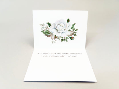 Tackkort efter Begravning > Färdiga begravnings tackkort med motiv av vit ros i akvarell. 10st inklusive kuvert.