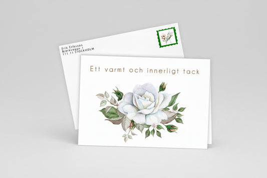 10st Färdiga begravnings tackkort med motiv av vit ros i akvarell inklusive FRANKERADE KUVERT.  PORTO BETALT 10 x 22kr.
